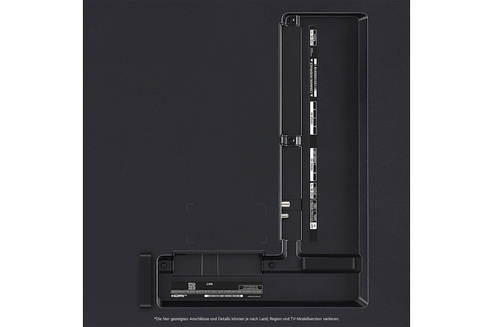 Nahaufnahme der Anschlüsse des LG QNED87 AI 4K Smart Fernsehers, einschließlich HDMI, USB, Antenne, CI-Slot und LAN.