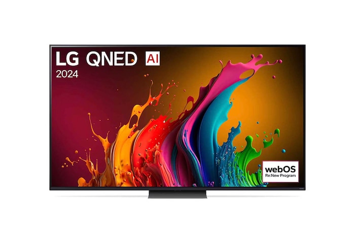Vorderansicht des LG QNED87 AI 4K Smart Fernsehers (Modell 2024) mit lebendiger abstrakter Kunst und webOS Re:New Program-Logo.