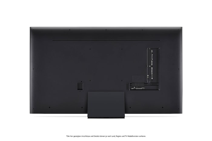 Rückansicht des LG QNED87 AI 4K Smart Fernsehers, zeigt das Design der Rückseite, die Standfußstruktur und den Bereich der Anschlüsse.