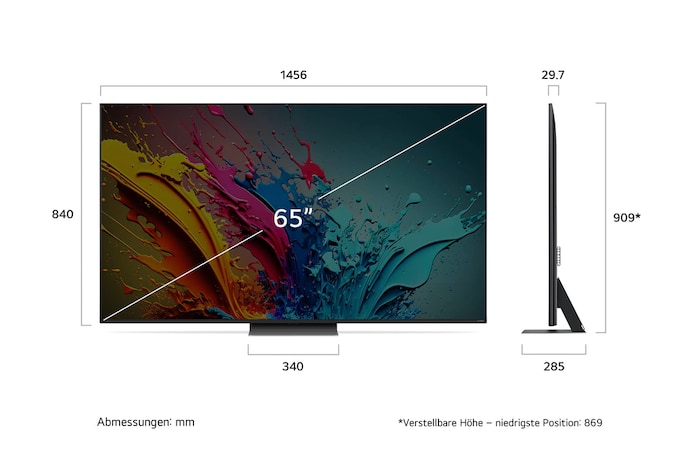 Abmessungen des 65-Zoll LG QNED87 AI 4K Smart Fernsehers, zeigt Breite, Höhe, Tiefe und Standfußmaße in mm.