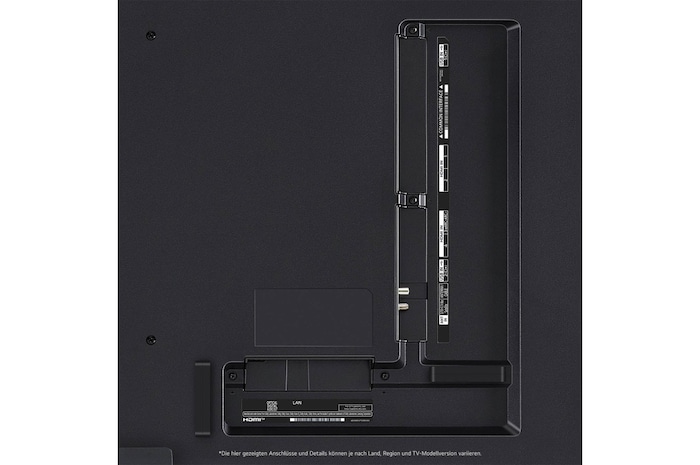 Nahaufnahme der Anschlüsse des LG QNED87 AI 4K Smart Fernsehers, einschließlich HDMI, USB, Antenne, CI-Slot und LAN.