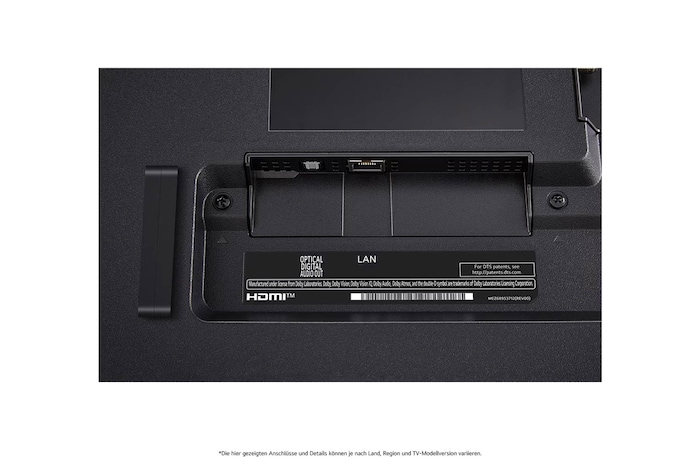 Nahaufnahme des optischen digitalen Audioausgangs und des LAN-Anschlusses auf der Rückseite des LG QNED87 AI 4K Smart Fernsehers.