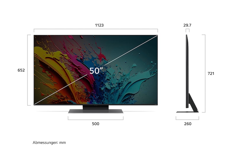 Abmessungen des 50-Zoll LG QNED87 AI 4K Smart Fernsehers, zeigt Breite, Höhe, Tiefe und Standfußmaße in mm.