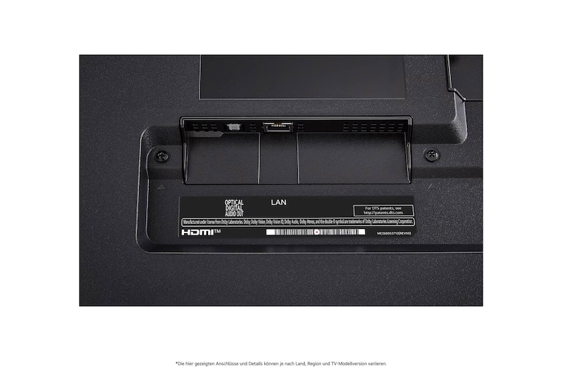 Nahaufnahme des optischen digitalen Audioausgangs und des LAN-Anschlusses auf der Rückseite des LG QNED87 AI 4K Smart Fernsehers.