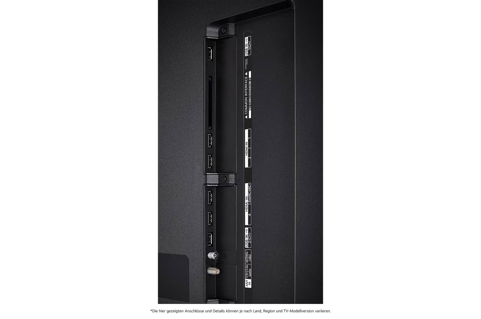Detaillierte Nahaufnahme der seitlichen Anschlüsse des LG QNED87 AI 4K Smart Fernsehers, zeigt HDMI (eARC), USB und Antenneneingänge.