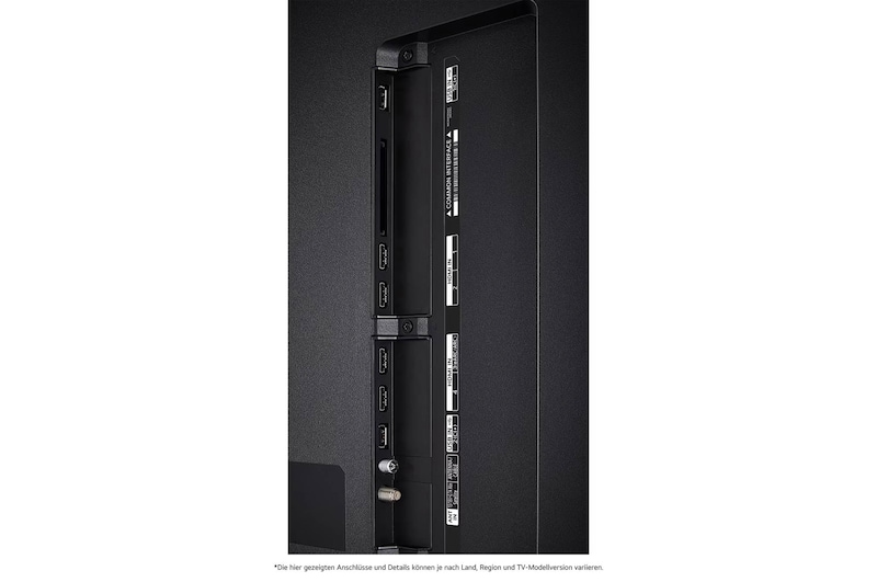 Detaillierte Nahaufnahme der seitlichen Anschlüsse des LG QNED87 AI 4K Smart Fernsehers, zeigt HDMI (eARC), USB und Antenneneingänge.