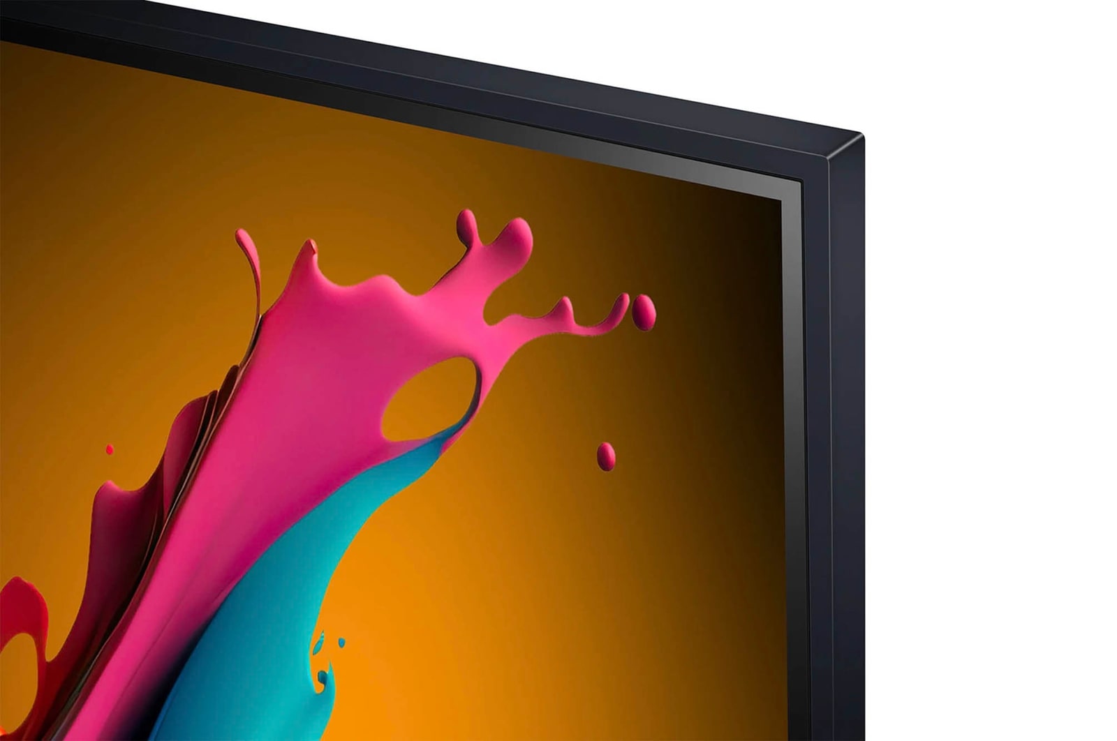 Nahaufnahme des schmalen Rahmens und des Designs der oberen rechten Ecke des LG QNED87 AI 4K Smart Fernsehers.