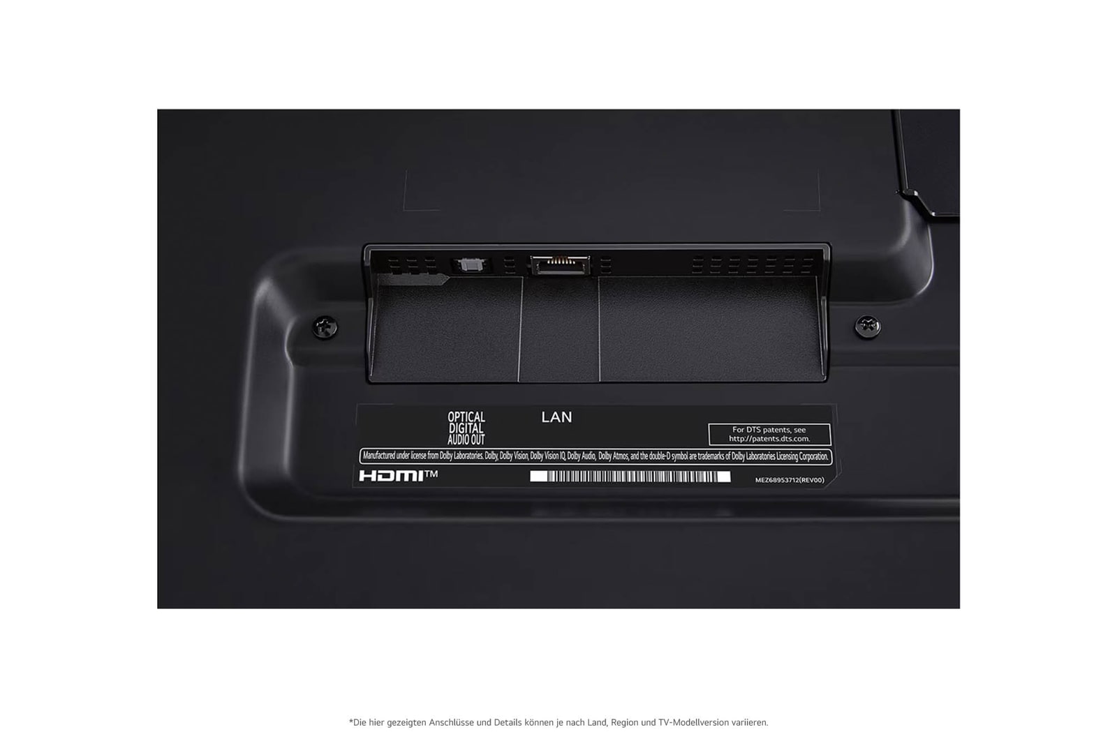 Nahaufnahme des optischen digitalen Audioausgangs und des LAN-Anschlusses auf der Rückseite des LG QNED86 AI 4K Smart Fernsehers.