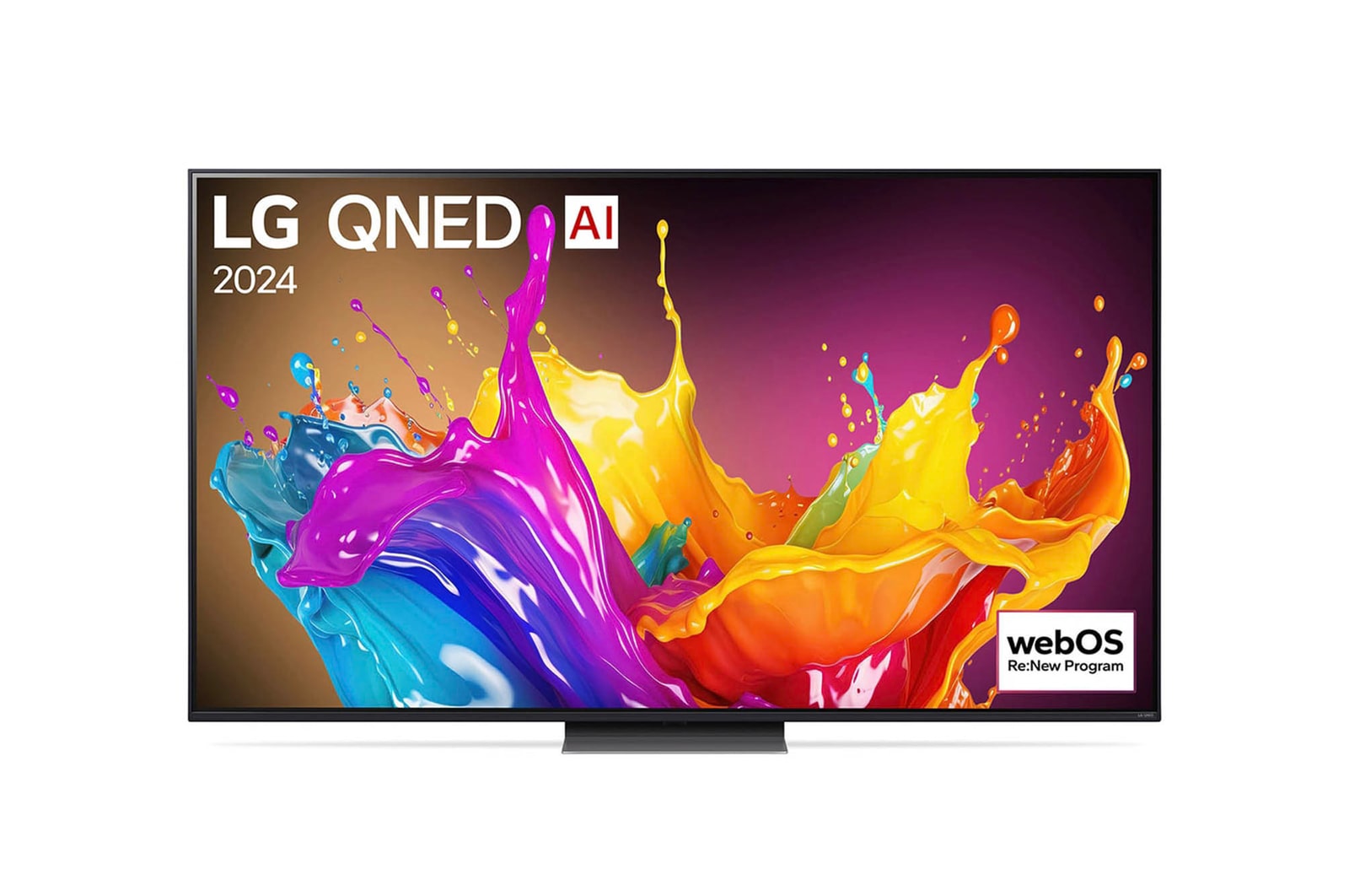 Vorderansicht des LG QNED86 AI 4K Smart Fernsehers (Modell 2024) mit lebendiger abstrakter Kunst und webOS Re:New Program-Logo.