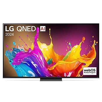 Vorderansicht des LG QNED86 AI 4K Smart Fernsehers (Modell 2024) mit lebendiger abstrakter Kunst und webOS Re:New Program-Logo.