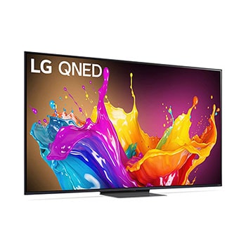 LG QNED86 AI 4K Smart Fernseher aus einer vorderen linken Perspektive, zeigt den Bildschirm mit lebendiger abstrakter Kunst.