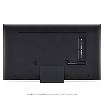 Rückansicht des LG QNED86 AI 4K Smart Fernsehers, zeigt das Design der Rückseite, die Standfußstruktur und den Bereich der Anschlüsse.
