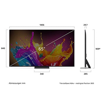 Abmessungen des 65-Zoll LG QNED86 AI 4K Smart Fernsehers, zeigt Breite, Höhe, Tiefe und Standfußmaße in mm.