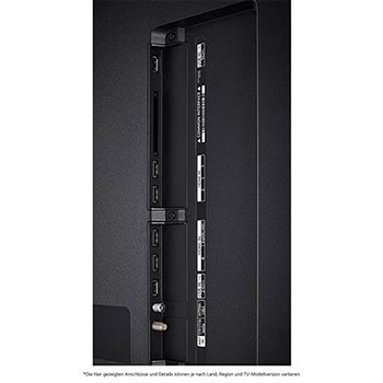 Detaillierte Nahaufnahme der seitlichen Anschlüsse des LG QNED86 AI 4K Smart Fernsehers, zeigt HDMI (eARC), USB und Antenneneingänge.