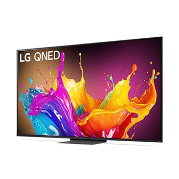 LG QNED86 AI 4K Smart Fernseher aus einer vorderen rechten Perspektive betrachtet, zeigt lebendige Farben auf dem Bildschirm und den Standfuß.