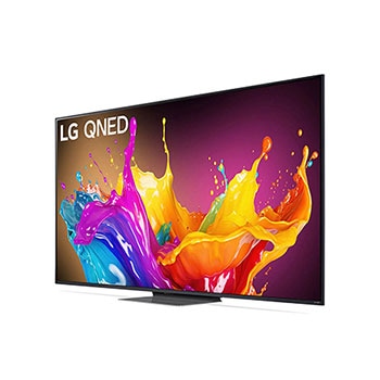 LG QNED86 AI 4K Smart Fernseher aus einer stärker angewinkelten vorderen rechten Perspektive betrachtet, hebt das Seitenprofil und das Standfußdesign hervor.