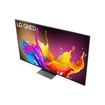 Ansicht des LG QNED86 AI 4K Smart Fernsehers aus hoher Perspektive, von oben auf Bildschirm und Standfuß blickend.