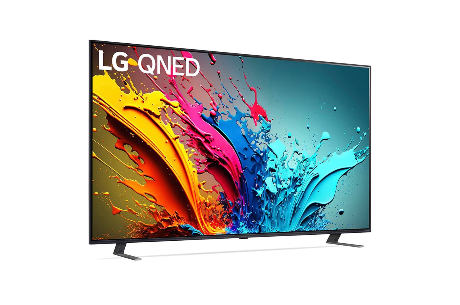 LG QNED MiniLED AI QNED85 4K Smart Fernseher aus einer vorderen linken Perspektive, zeigt Bildschirm und zentralen Standfuß.