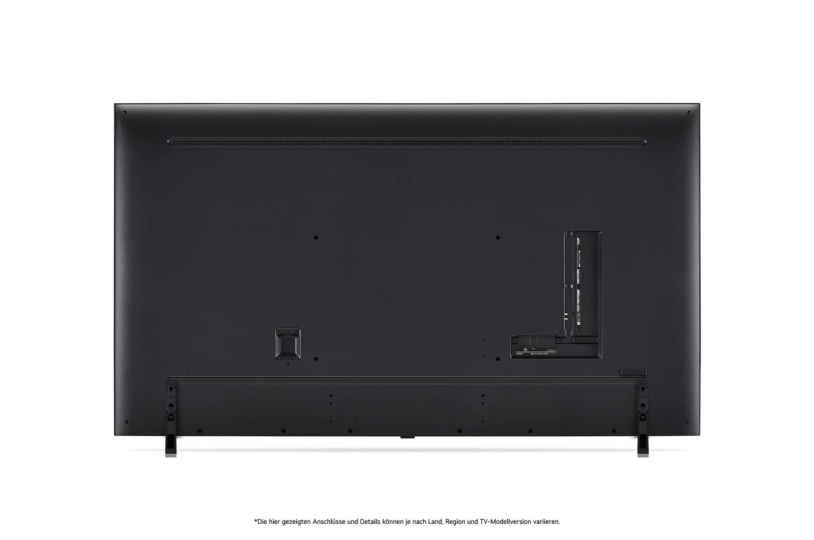 Rückansicht des LG QNED MiniLED AI QNED85 4K Smart Fernsehers, zeigt das Design der Rückseite, Anschlüsse und die zentrale Standfußverbindung.
