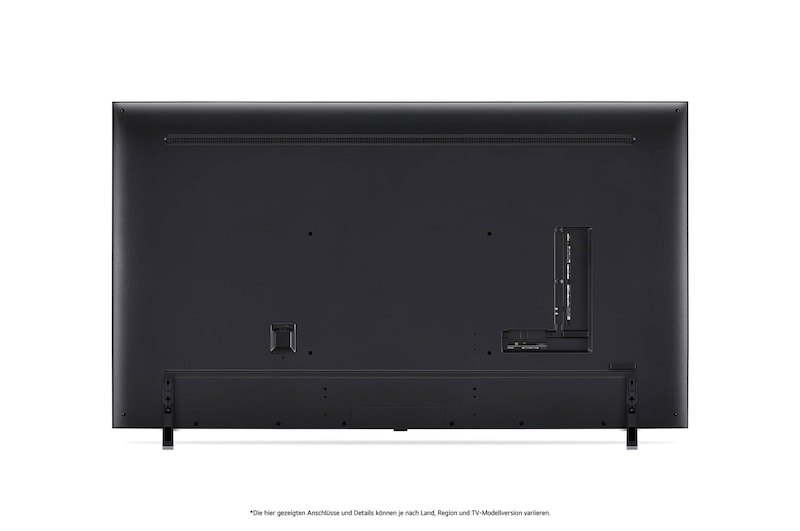 Rückansicht des LG QNED MiniLED AI QNED85 4K Smart Fernsehers, zeigt das Design der Rückseite, Anschlüsse und die zentrale Standfußverbindung.