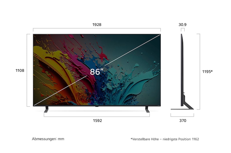 Diagramm mit Abmessungen (mm) für den 86 Zoll LG QNED MiniLED AI QNED85 4K Smart TV: B 1928, H 1195*, T 370. Panel-Tiefe 30,9.