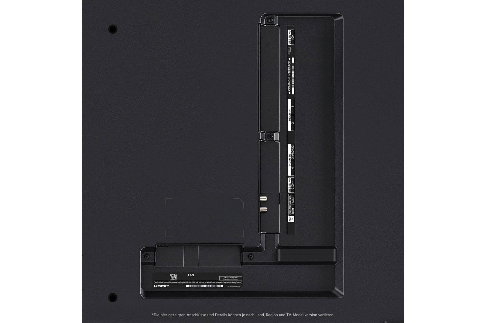 Nahaufnahme der Anschlüsse des LG QNED MiniLED AI QNED85 4K Smart Fernsehers, einschließlich Zugang zu HDMI, USB und Antenne.