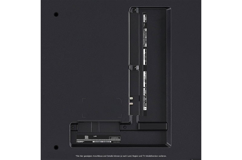 Nahaufnahme der Anschlüsse des LG QNED MiniLED AI QNED85 4K Smart Fernsehers, einschließlich Zugang zu HDMI, USB und Antenne.