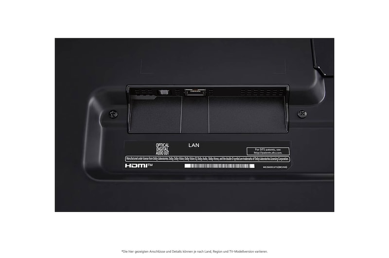 Nahaufnahme der nach unten gerichteten Anschlüsse (Optisch, LAN, Antenne) auf der Rückseite des LG QNED MiniLED AI QNED85 4K Smart Fernsehers.