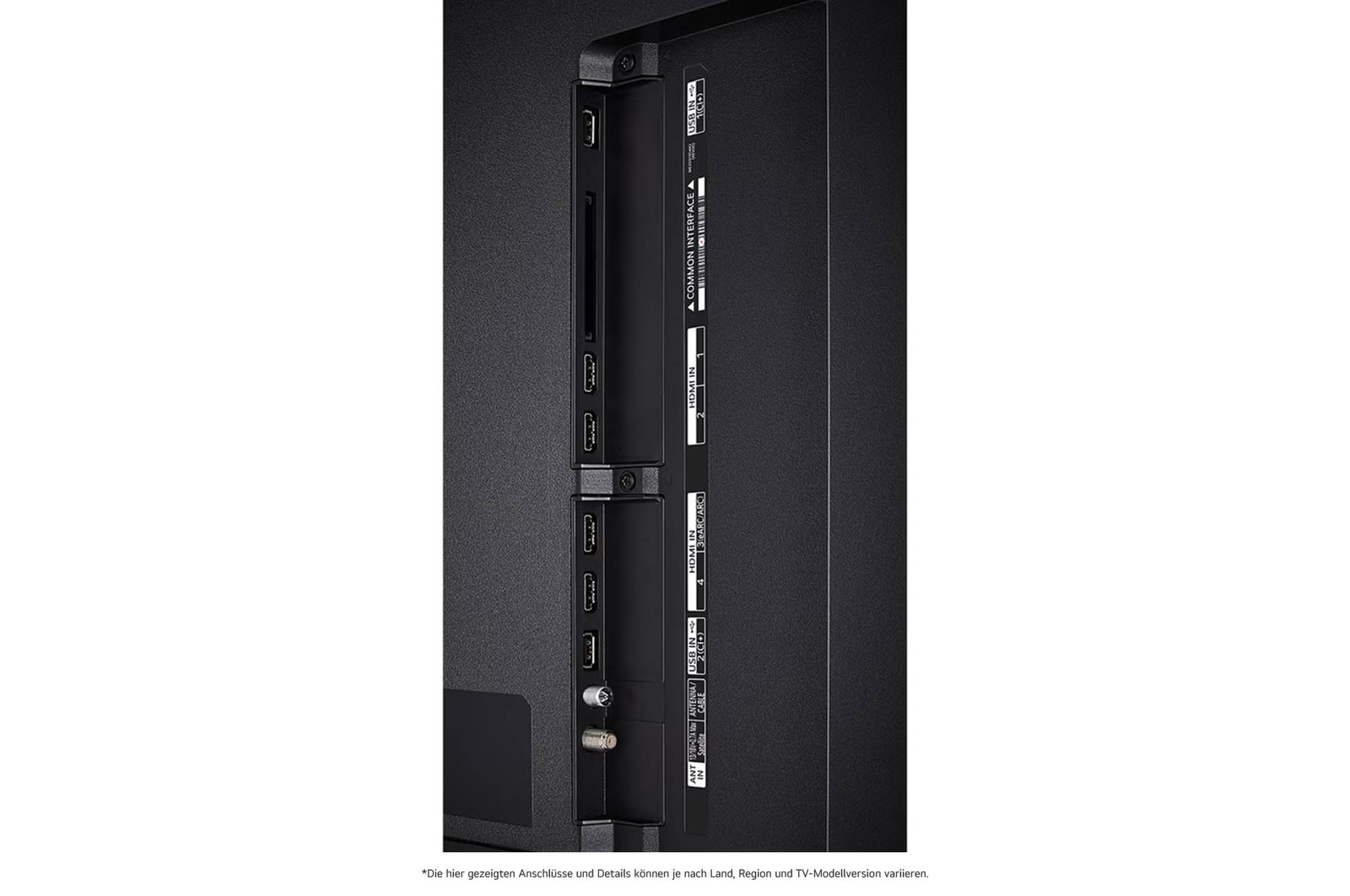 Detaillierte Nahaufnahme der seitlichen Anschlüsse des LG QNED MiniLED AI QNED85 4K Smart Fernsehers, zeigt HDMI 1-4 und CI-Slot.