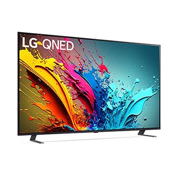 LG QNED MiniLED AI QNED85 4K Smart Fernseher aus einer vorderen linken Perspektive, zeigt Bildschirm und zentralen Standfuß.