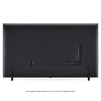 Rückansicht des LG QNED MiniLED AI QNED85 4K Smart Fernsehers, zeigt das Design der Rückseite, Anschlüsse und die zentrale Standfußverbindung.