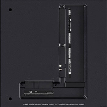 Nahaufnahme der Anschlüsse des LG QNED MiniLED AI QNED85 4K Smart Fernsehers, einschließlich Zugang zu HDMI, USB und Antenne.