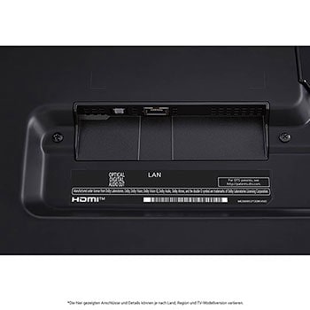 Nahaufnahme der nach unten gerichteten Anschlüsse (Optisch, LAN, Antenne) auf der Rückseite des LG QNED MiniLED AI QNED85 4K Smart Fernsehers.