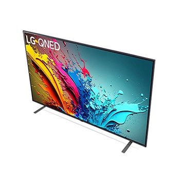 Ansicht des LG QNED MiniLED AI QNED85 4K Smart Fernsehers aus hoher Perspektive, von oben auf Bildschirm und zentralen Standfuß blickend.