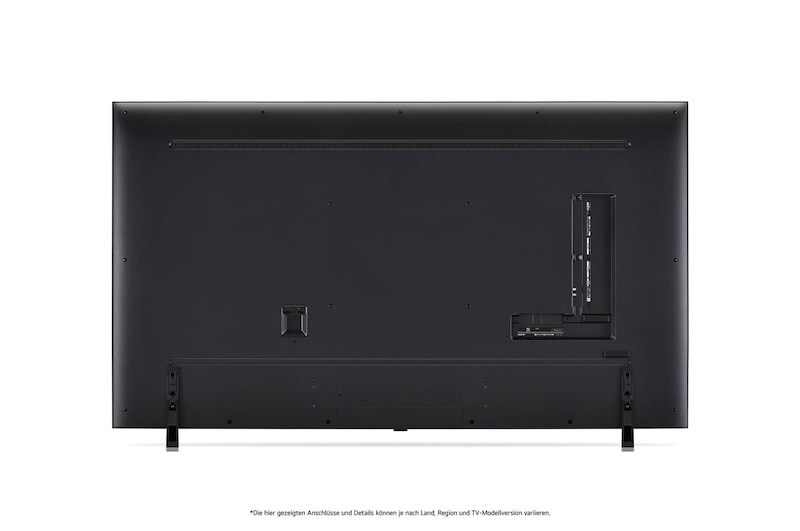 Rückansicht des LG QNED MiniLED AI QNED85 4K Smart Fernsehers, zeigt das Design der Rückseite, Anschlüsse und die zentrale Standfußverbindung.
