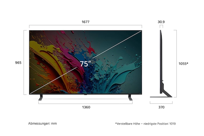 Diagramm mit Abmessungen (mm) für den 75 Zoll LG QNED MiniLED AI QNED85 4K Smart TV: B 1677, H 1055*, T 370. Panel-Tiefe 30,9.