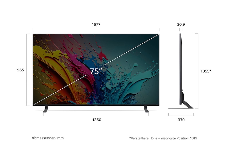 Diagramm mit Abmessungen (mm) für den 75 Zoll LG QNED MiniLED AI QNED85 4K Smart TV: B 1677, H 1055*, T 370. Panel-Tiefe 30,9.