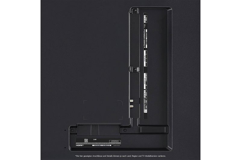 Nahaufnahme der Anschlüsse des LG QNED MiniLED AI QNED85 4K Smart Fernsehers, einschließlich Zugang zu HDMI, USB und Antenne.