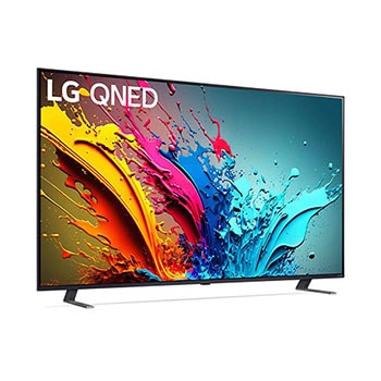 LG QNED MiniLED AI QNED85 4K Smart Fernseher aus einer vorderen linken Perspektive, zeigt Bildschirm und zentralen Standfuß.