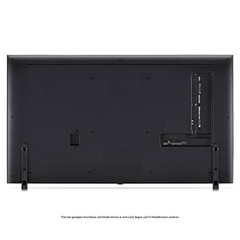 Rückansicht des LG QNED MiniLED AI QNED85 4K Smart Fernsehers, zeigt das Design der Rückseite, Anschlüsse und die zentrale Standfußverbindung.