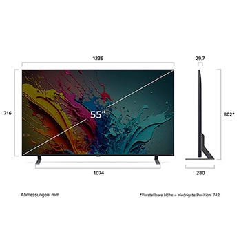 Diagramm mit Abmessungen (mm) für den 55 Zoll LG QNED MiniLED AI QNED85 4K Smart TV: B 1236, H 802*, T 280. Panel-Tiefe 29,7.