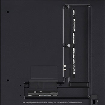 Nahaufnahme der Anschlüsse des LG QNED MiniLED AI QNED85 4K Smart Fernsehers, einschließlich Zugang zu HDMI, USB und Antenne.