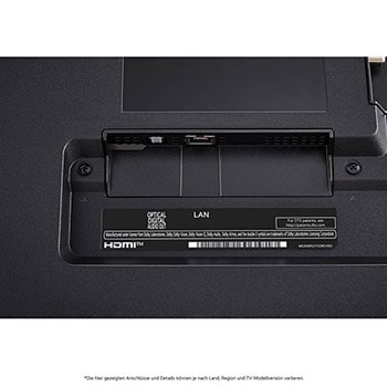 Nahaufnahme der nach unten gerichteten Anschlüsse (Optisch, LAN, Antenne) auf der Rückseite des LG QNED MiniLED AI QNED85 4K Smart Fernsehers.