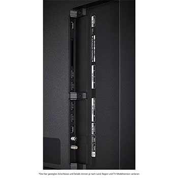 Detaillierte Nahaufnahme der seitlichen Anschlüsse des LG QNED MiniLED AI QNED85 4K Smart Fernsehers, zeigt HDMI 1-4 und CI-Slot.