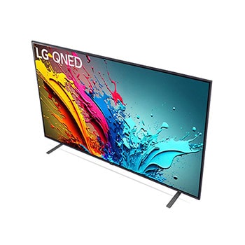 Ansicht des LG QNED MiniLED AI QNED85 4K Smart Fernsehers aus hoher Perspektive, von oben auf Bildschirm und zentralen Standfuß blickend.