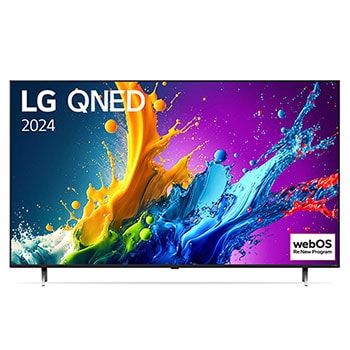 Vorderansicht des LG QNED80 AI 4K Smart Fernsehers (Modell 2024) mit lebendiger abstrakter Kunst auf dem Bildschirm und Doppel-Standfuß-Design.