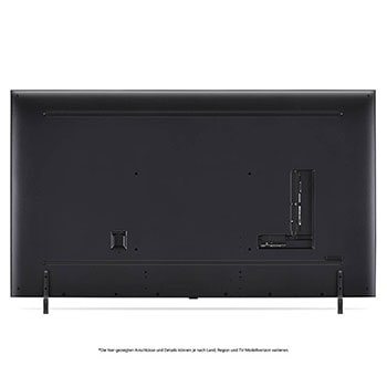 Rückansicht des LG QNED80 AI 4K Smart Fernsehers, zeigt das Design der Rückseite, den Bereich der Anschlüsse und den angebrachten Doppel-Standfuß.