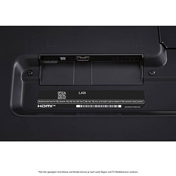 Nahaufnahme des optischen digitalen Audioausgangs und des LAN-Anschlusses auf der Rückseite des LG QNED80 AI 4K Smart Fernsehers.