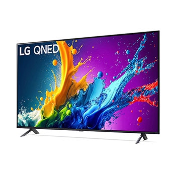LG QNED80 AI 4K Smart Fernseher aus einer leichten vorderen rechten Perspektive, zeigt Bildschirm und Standfuß.