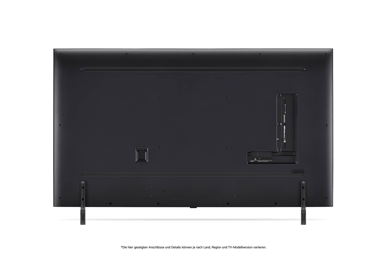 Rückansicht des LG QNED80 AI 4K Smart Fernsehers, zeigt das Design der Rückseite, den Bereich der Anschlüsse und den angebrachten Doppel-Standfuß.